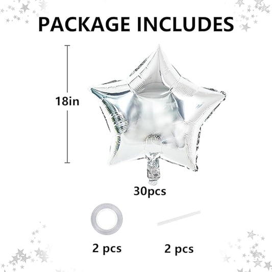TONIFUL 30Pcs 18 Inch Large Silver Star Shape Foil Balloons Big Silver Stars Helium Mylar Ballons for Birthday Wedding Baby Shower Anniversary Engagement Party Decorations Supplies