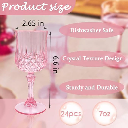 Plastic Wine Glasses, Plastic Goblets Vintage Style Cordial Unbreakable Drinking Glasses,Reusable Drinkware for Wedding Reception, Grand Event Party Supplies, Easter(24, Pink)