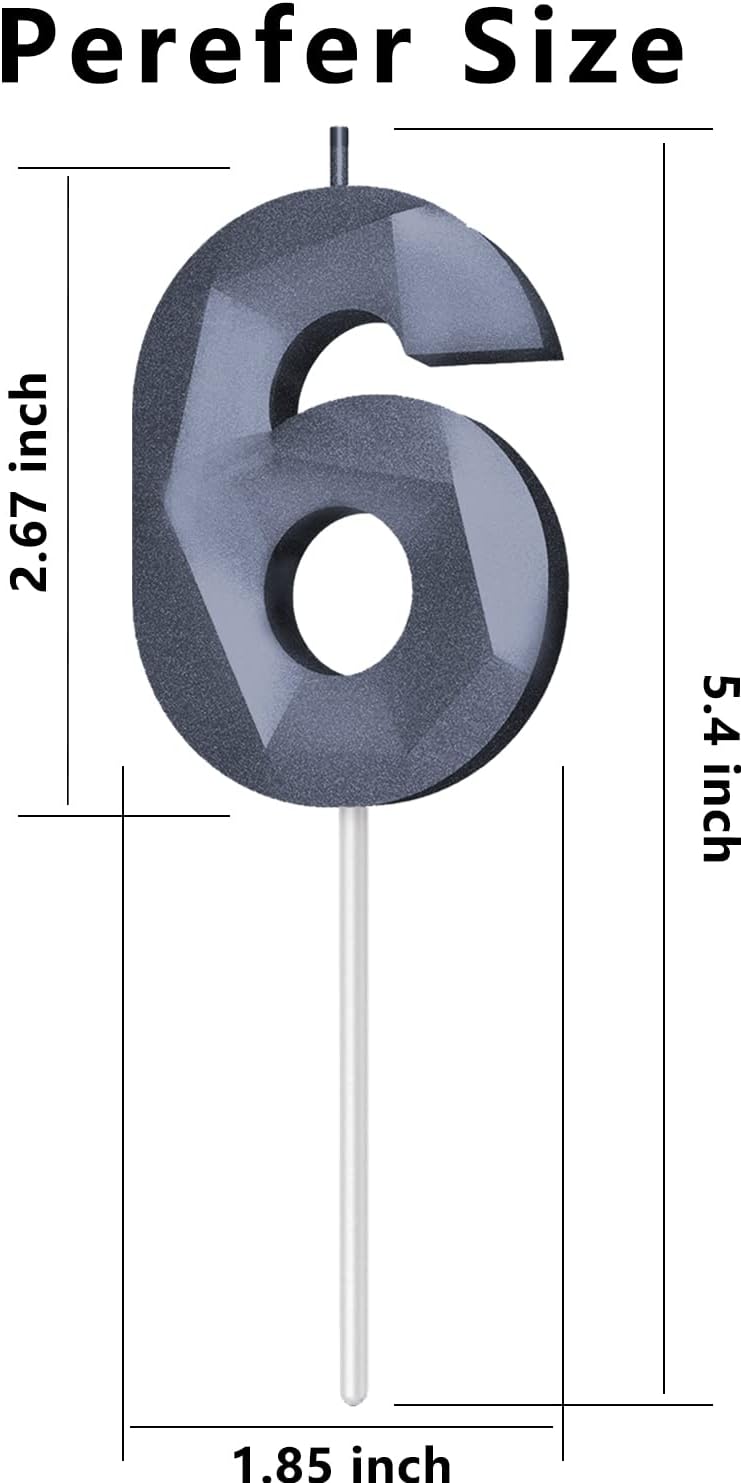 Number Birthday Candles(6 Candle Black) 3D Diamond Shape 6th Happy Birthday Cake Topper Decorations for Boy Men Birthday Wedding Anniversary Celebration Theme Party Supplies