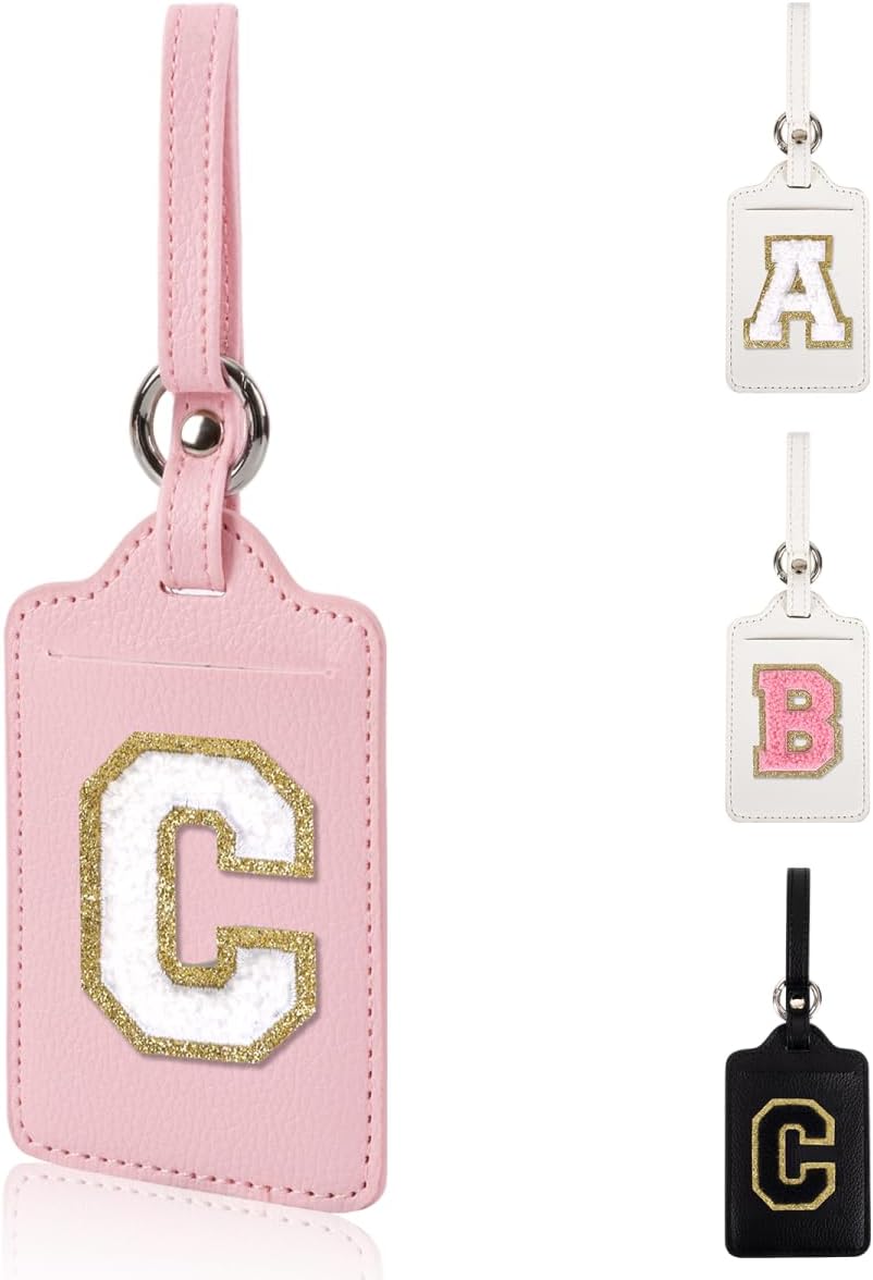 Personalized Initial Luggage Tags for Suitcases, Leather Chenille Letter Cute Luggage Tags with Privacy Name Card, Embroidered Travel Bag Backpack Tags Gifts for Women Kids Girls Teens(Pink-C)
