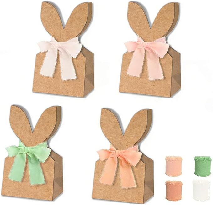 24 Set Boho Bow Easter Bunny Party Favor Bags, DIY Bunny Gift Boxes with Boho Neutral Bow Ribbon,Rustic Kraft Paper Rabbit Ears Treat Boxes Goodie Bags for Spring Holiday Decor(B)