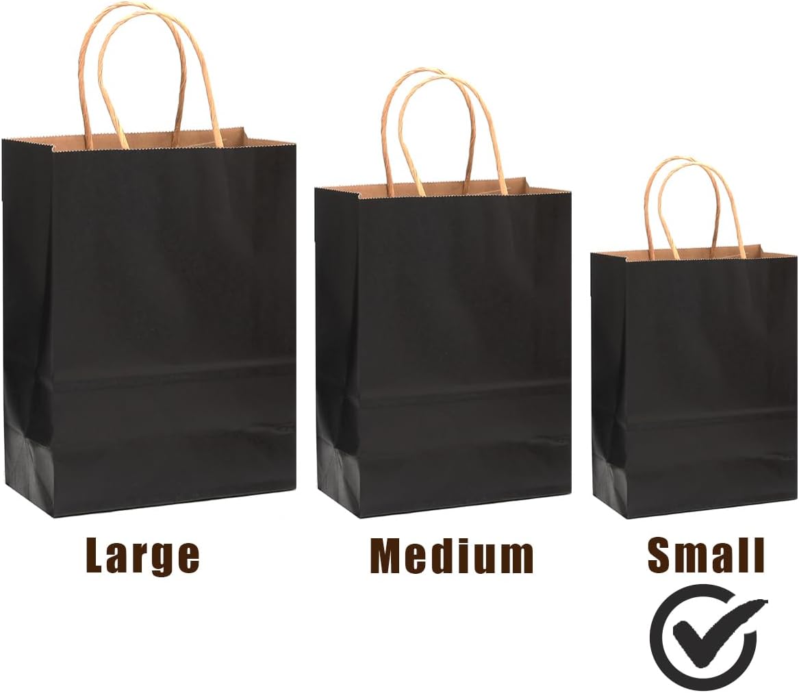 qiqee 200-Packs Black Paper Gift Bags with Handles Bulk 8.3"x6"x3.15" Small Size Paper Bags Multiple Uses