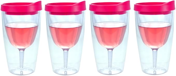 Southern Homewares Insulated Acrylic Wine Tumbler with Pink Lid – 16oz Double Wall Travel Cup, 4-Pack Wine 2Go! Set for Outdoor & Party Use