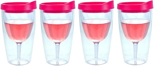 Southern Homewares Insulated Acrylic Wine Tumbler with Pink Lid – 16oz Double Wall Travel Cup, 4-Pack Wine 2Go! Set for Outdoor & Party Use