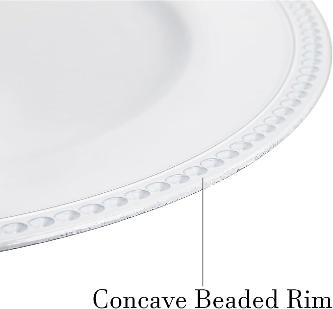 Okllen 12 Pack Plastic Round Charger Plates, 13" Dinner Chargers Decorative Plates with Beaded Rim, Embossed Charger Serving Plates for Wedding, Catering Event, Tabletop Decor, White
