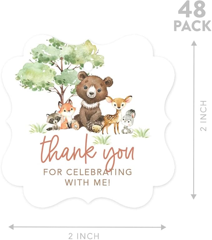 Andaz Press Fancy Frame Kids Party Favor Thank You Tags with String, 48-Pack Woodland Animals Birthday Gift Tags for Gift Bags, Favor Bags, Goody Bags, Boys & Girls, Gender-Neutral 1st Birthday Tags