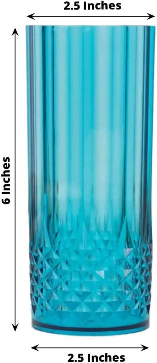 Efavormart 6 Pack Ocean Blue Crystal Cut Reusable Plastic Highball Drink Glasses, Shatterproof Tall Cocktail Tumbler Cups - 14oz