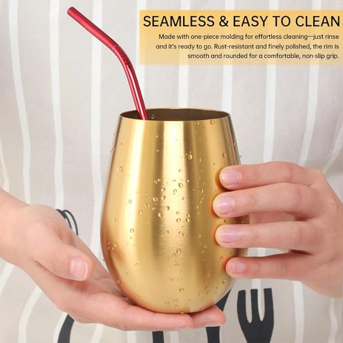 Buyer Star 304 Stainless Steel Wine Glasses Set of 4 - Large 17 oz Outdoor Stemless Wine Tumblers - 100% Unbreakable & Stemless Metal Drinking Cups for Home and Outdoors Dishwasher safe (Gold)