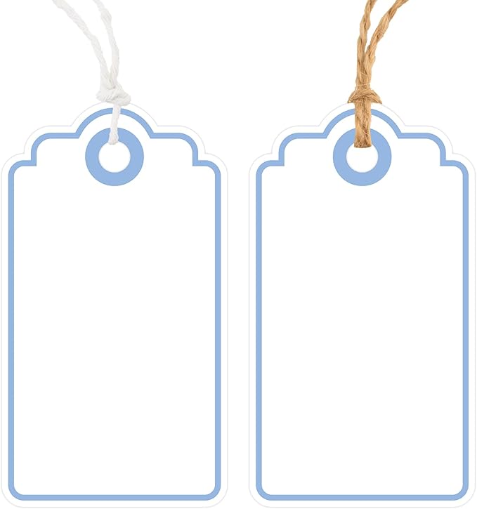 Anwyll Gift Tags with String - 100Pcs Blue Gift Bag Tags Personalized White Blank Hanging Paper Label Tag for Baby Shower Birthday Party Wedding Christmas Favor Present