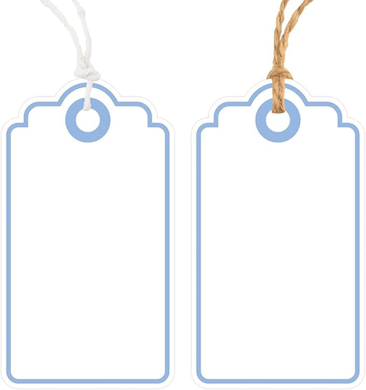 Anwyll Gift Tags with String - 100Pcs Blue Gift Bag Tags Personalized White Blank Hanging Paper Label Tag for Baby Shower Birthday Party Wedding Christmas Favor Present