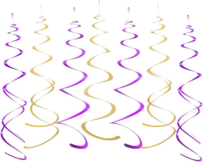 MOWO Gold and Purple Foil Swirl Hanging Decoration Streamer for Birthday Graduation Wedding Pride Theme Party Supplies, Pack of 20