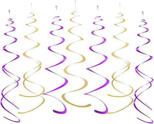 MOWO Gold and Purple Foil Swirl Hanging Decoration Streamer for Birthday Graduation Wedding Pride Theme Party Supplies, Pack of 20