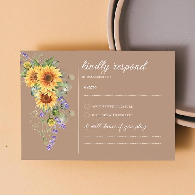 Preprinted Purple and Yellow Sunflower Wedding or Party RSVP Cards, Personalized Response Card Glossy Finish With White Envelopes, Set of 15 with Envelope, 5x3.5 inch Cards (Brown)