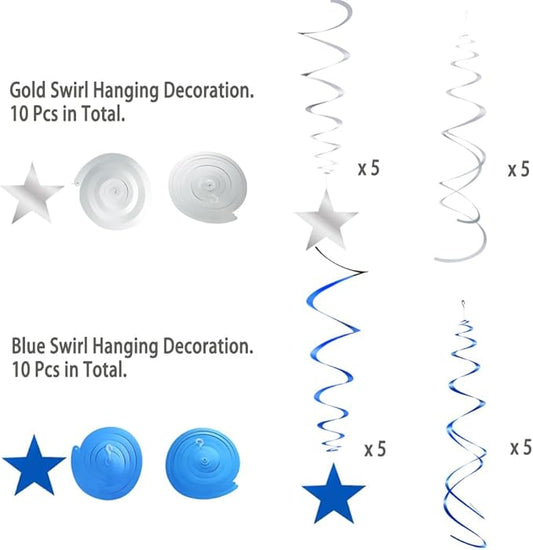 MOWO Silver Blue Star Swirl Hanging Decoration for Birthday Graduation Retirement Winter Bachelor Theme Party Supplies, Pack of 20