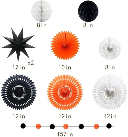 ADLKGG Orange White Black Halloween Decorations, Hanging Tissue Paper Fans Circle Garland Paper Lanterns for Graduation Wedding Anniversary Birthday Backdrop Decor