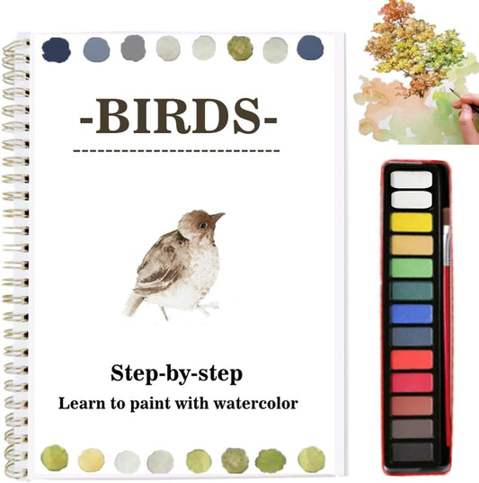 Watercolor Workbooks Coloring Book Easy Nature Scenes Beginner Friendly Watercolor Paint Set Art Crafts Painting Kit for Creative Exploration Gift for Adults Teens (Birds, with Palette)