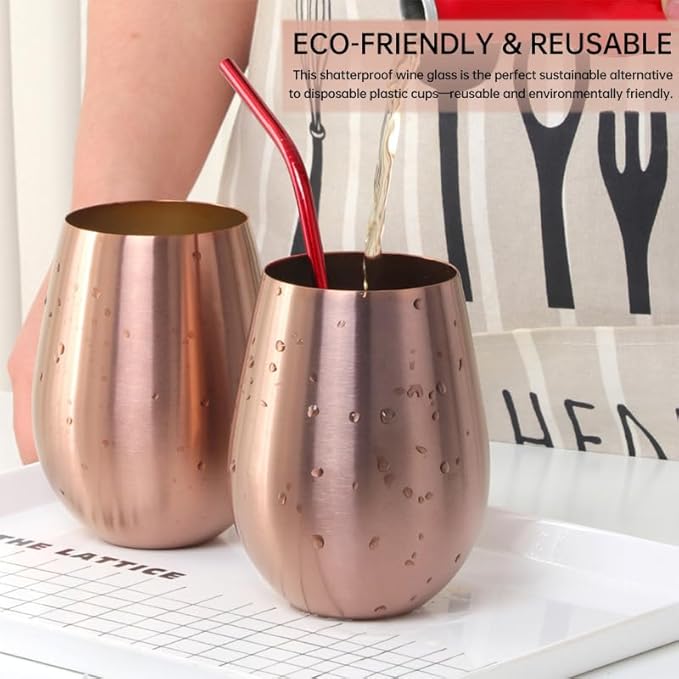 Buyer Star 304 Stainless Steel Wine Glasses Set of 4 - Large 17 oz Outdoor Stemless Wine Tumblers - 100% Unbreakable & Stemless Metal Drinking Cups for Home and Outdoors Dishwasher safe (RoseGold)