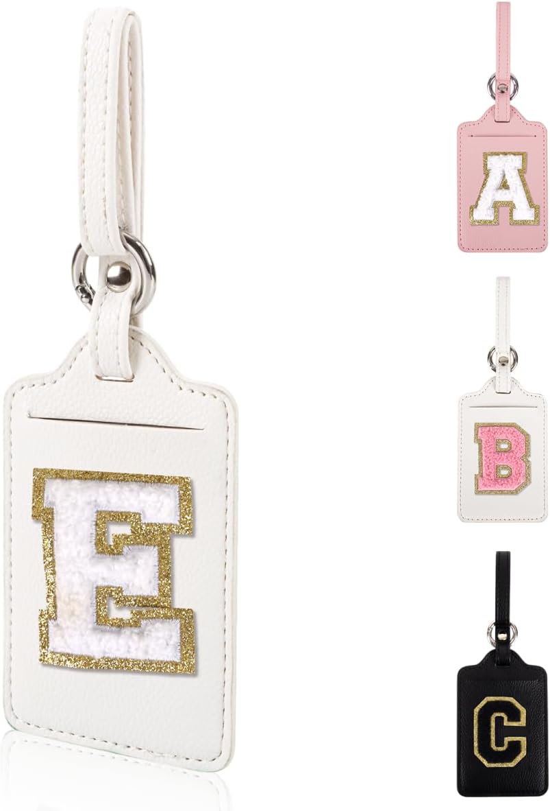 Personalized Initial Luggage Tags for Suitcases, Leather Chenille Letter Cute Luggage Tags with Privacy Name Card, Embroidered Travel Bag Backpack Tags Gifts for Women Kids Girls Teens(White-E)