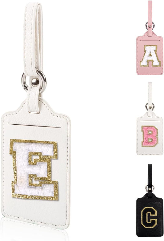 Personalized Initial Luggage Tags for Suitcases, Leather Chenille Letter Cute Luggage Tags with Privacy Name Card, Embroidered Travel Bag Backpack Tags Gifts for Women Kids Girls Teens(White-E)
