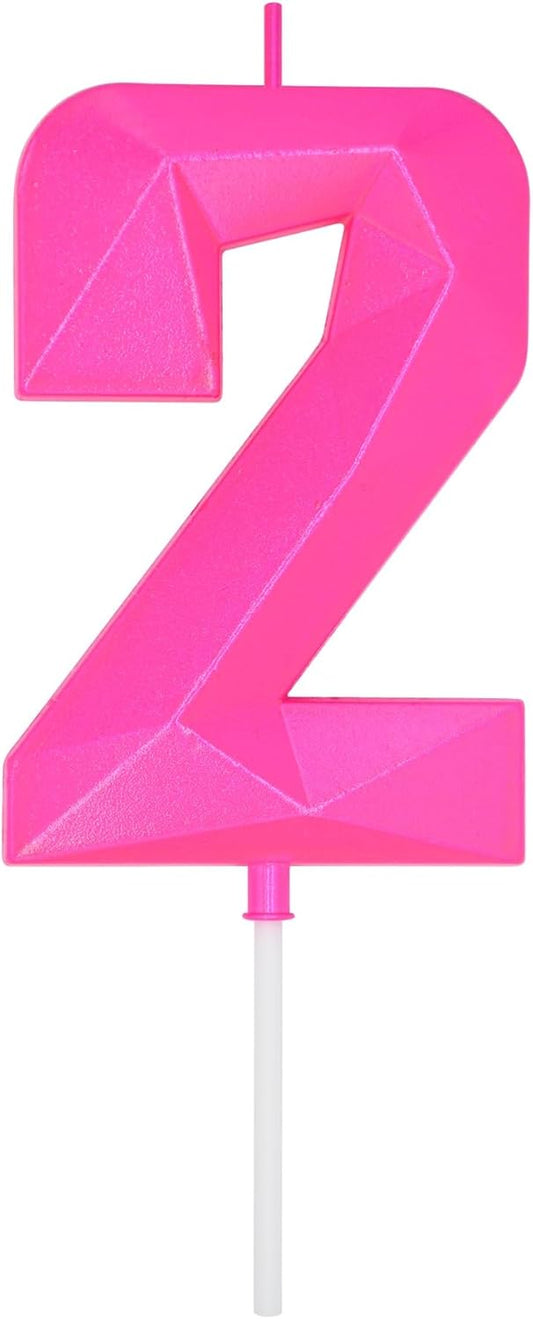 DERVENTA Large Birthday Candle Number 3D Pink 3.7 inch Party Celebration Anniversary Decoration Cake Topper 1 Piece (Number 2 Pink)