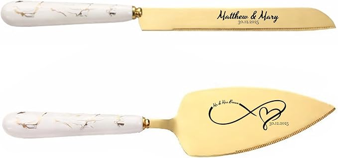 sinfinate Personalized Wedding Cake Knife and Server Set Gold - Custom Engraved Stainless Steel Cake Servers Cutting Set with Marble Pattern, Elegant Gift for Wedding Anniversary Birthday Christmas