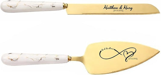 sinfinate Personalized Wedding Cake Knife and Server Set Gold - Custom Engraved Stainless Steel Cake Servers Cutting Set with Marble Pattern, Elegant Gift for Wedding Anniversary Birthday Christmas