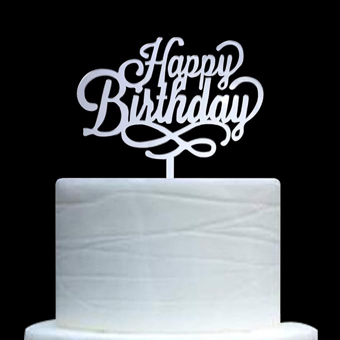 Happy Birthday Cake Topper - Birthday Party Decorations, Mirror Silver Acrylic
