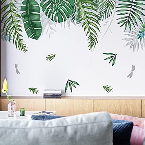 Green Tropical Palm Tree Leaves Wall Stickers, KALYLOC Waterproof Tropical Green Leaf Plants Wall Decal, Peel and Stick Nature Jungle Wall Decor for Living Room Bedroom Door Decoration (A)