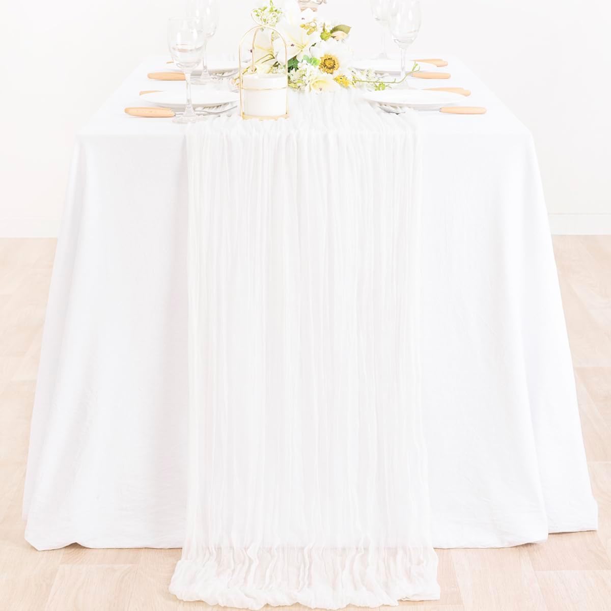 MLMC Ivory White Table Runner Rustic Gauze Cheesecloth Table Runner 10ft Fall Cheese Cloth Centerpiece Decor 35x120 Inches for Dessert Anniversary Wedding Bridal Baby Shower Decor