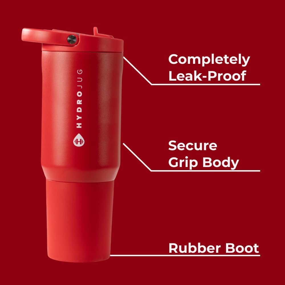 HydroJug Sport - Stainless Steel Tumbler with Straw, Vacuum Insulated, 20oz Leakproof Water Bottle, Ergonomic Design, Reusable, Dishwasher Safe, Rubber Base, Durable for Gym or Outdoors, Alumni Red