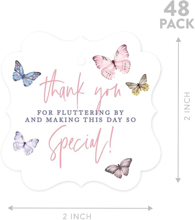 Andaz Press Fancy Frame Kids Party Favor Thank You Tags with String, 48-Pack Butterfly Birthday Gift Tags for Gift Bags, Favor Bags, Goody Bags, Girls, Pastel Butterfly 1st Birthday Party Favors