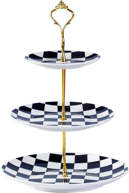 3 Tier Checked Ceramic Cupcake Stand, Tiered Serving Cake Stand, Embossed Dessert Stand, Weddings Parties Pastry Serving Tray (Black)