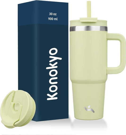 30 oz Tumbler with Handle and 2 Straws,2 in 1 Lid Insulated Water Bottle Stainless Steel Travel Coffee Mug,Macaron Green