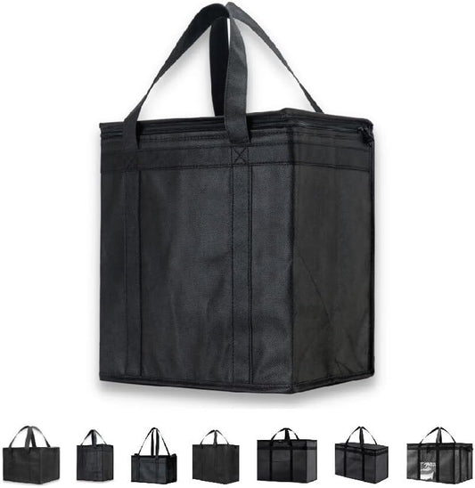Medium Insulated Cooler Bag and Food Warmer for Delivery & Grocery Shopping with Zippered Top, Black (1 Pack)