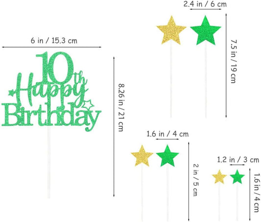 Glittery 10th Happy Birthday Cake Topper with Star,Personalised 10 Birthday Cake Toppers Party Decorations Party Supplies for Boys Girls Green Gold