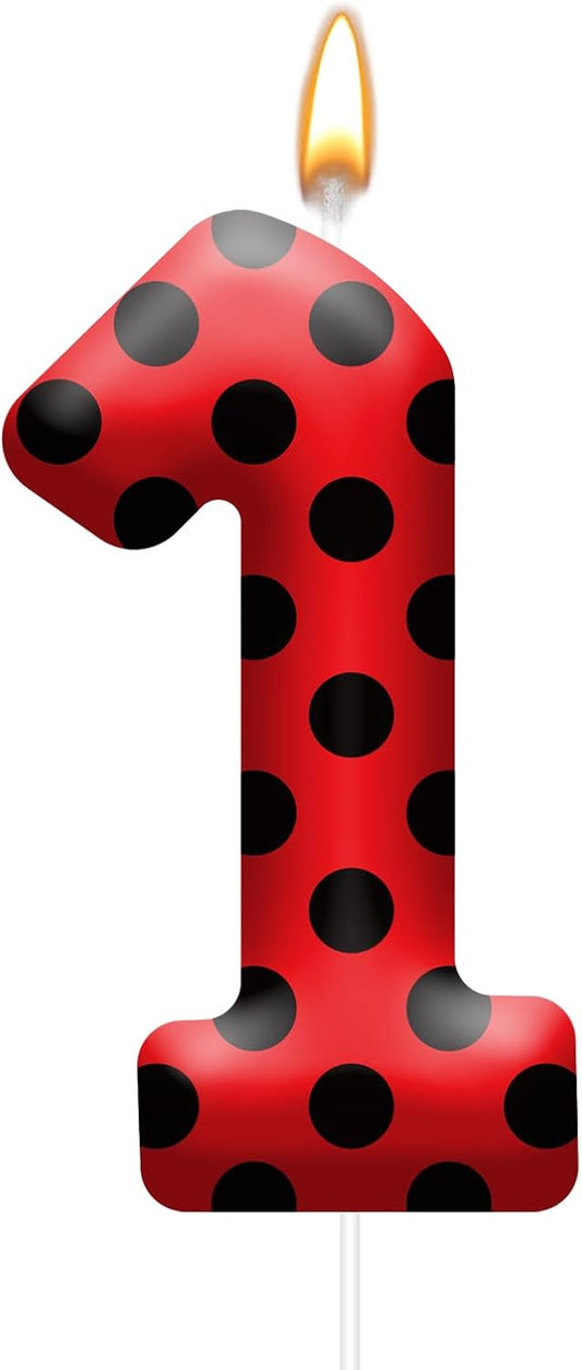 Ladybug Theme Birthday Candles - Red & Black Polka Dot Decorative Candles for Kids Ladybug Themed Parties, Baby Showers, Birthday Cakes, and Ladybird Inspired Celebrations(Number 1)