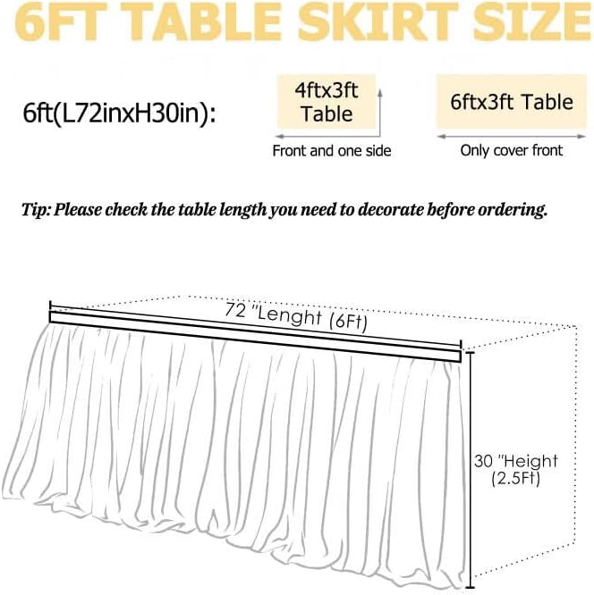 6Ft White Tulle Table Skirts for Rectangle Tables Covers Ruffle Tutu Cloth Tableskirt, 72X30.3'' Tulle Tablecloth For Wedding Round Table Bridal Baby Shower Birthday Banquet Party Decorations