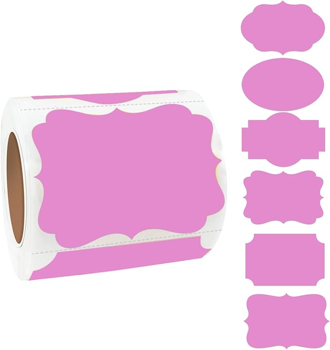 Yeachlaing Pink Labels, 250 PCS 3" x 2" Fancy Shape Stickers for Storage Box, Food Jars, Holiday Presents Tags