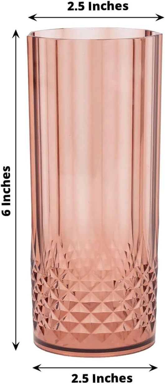 Efavormart 6-Pack Plastic Highball Glasses, 14oz Shatterproof Crystal Cut Drink Glasses for Kitchen Mojito Whiskey Cocktail, Dusty Rose