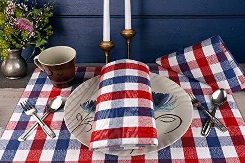 Urban Villa July 4th Placemats for Dining Table Patriotic Placemats 100% Cotton (Set of 6) 14''x20'' Oversized Tablemats for Family Dinner Parties (Red/Blue/White Buffalo Checks)