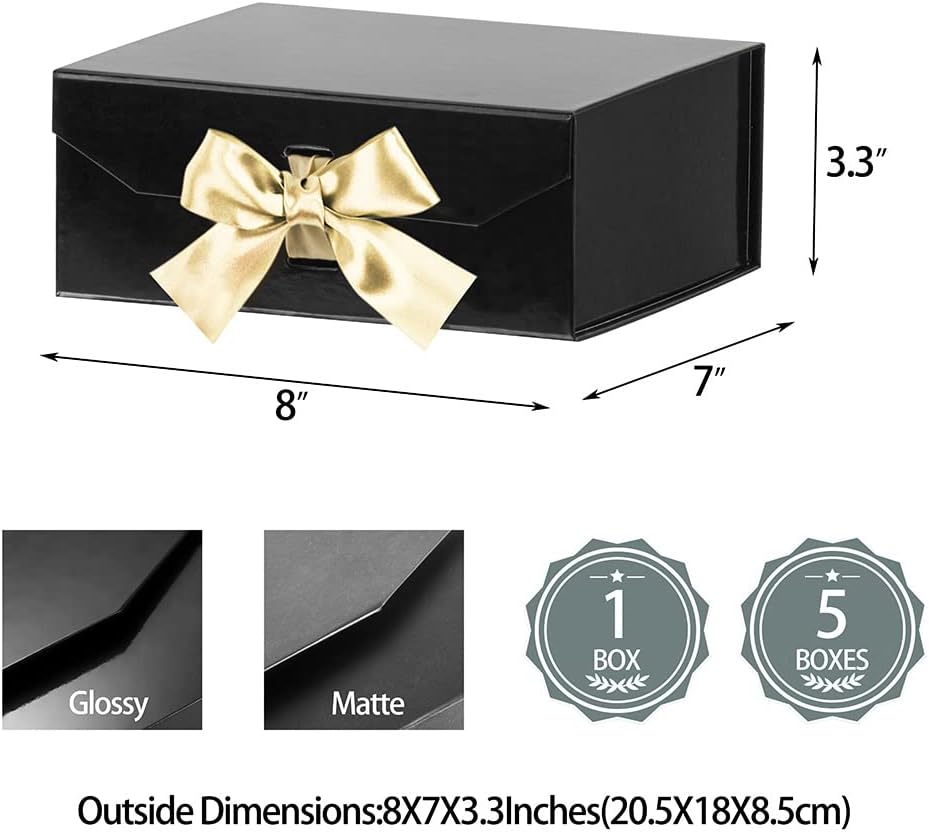 Black Gift Boxes 8x7x3.3 Inches, Luxury Gift Boxes with Ribbon, Empty Gift Boxes with Lid Magnetic Closure, Groomsman Boxes, Wedding (Glossy Black)