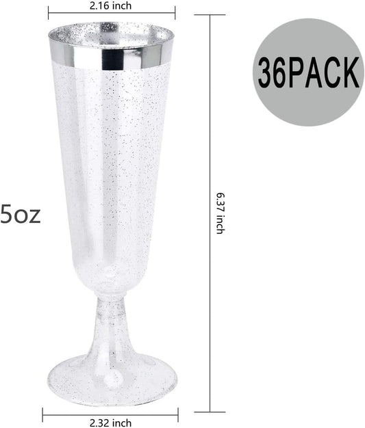 WDF 36Pieces Silver Plastic Champagne Flutes - 6oz Silver Glitter with a silver Rim Champagne Glasses - Premium Silver Plastic Cups Perfect for Party/Wedding