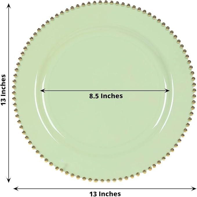 Efavormart 10-Pack Economy Plastic Charger Plates 13" Round Sage Green with Gold Beaded Rim - Stylish Dinner Party Serving Plates