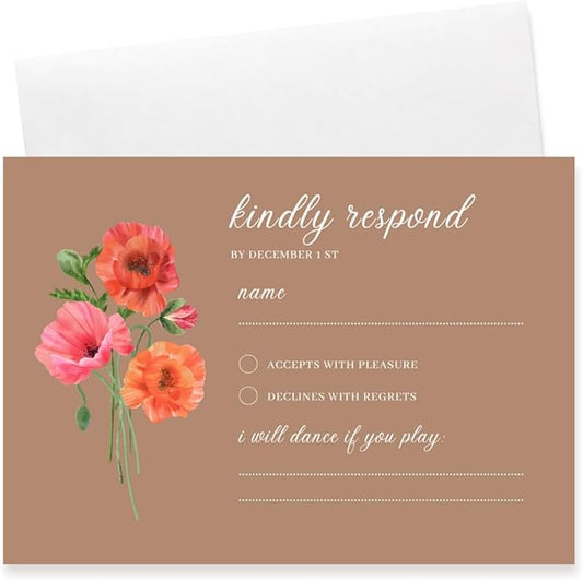 Personalized Wedding RSVP Cards On Glossy Thick Card With Envelope, Personalized Reponse, 5 x 3.5 Inches, Set of 15 Custom Cards with White Envelopes (Brown)