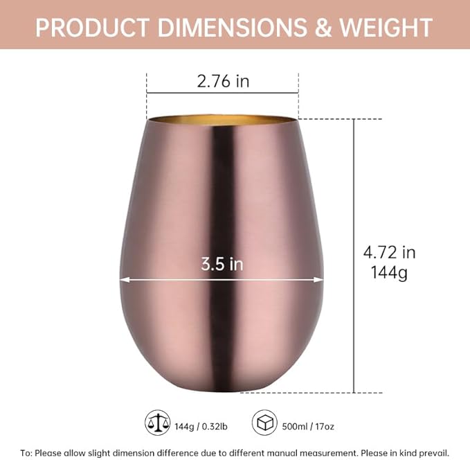 Buyer Star 304 Stainless Steel Wine Glasses Set of 4 - Large 17 oz Outdoor Stemless Wine Tumblers - 100% Unbreakable & Stemless Metal Drinking Cups for Home and Outdoors Dishwasher safe (RoseGold)