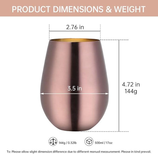 Buyer Star 304 Stainless Steel Wine Glasses Set of 4 - Large 17 oz Outdoor Stemless Wine Tumblers - 100% Unbreakable & Stemless Metal Drinking Cups for Home and Outdoors Dishwasher safe (RoseGold)