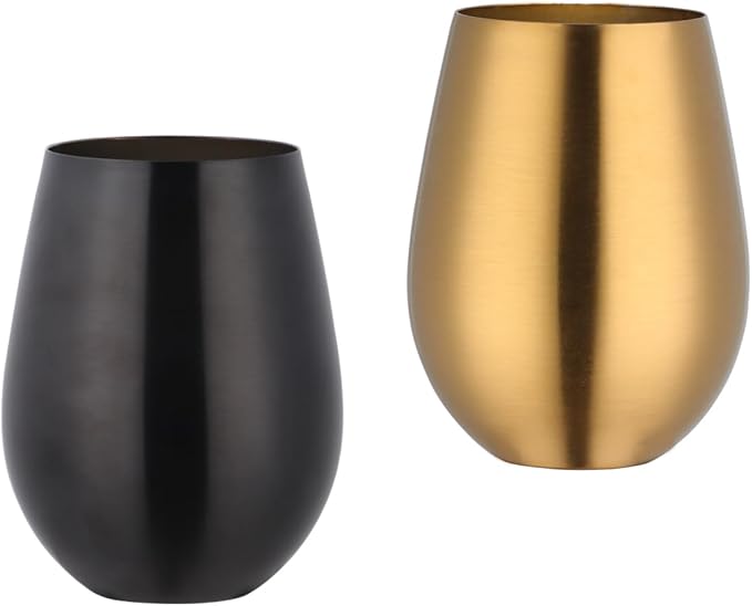 Buyer Star 304 Stainless Steel Wine Glasses Set of 2 - Large 17 oz Outdoor Stemless Wine Tumblers - 100% Unbreakable & Stemless Metal Drinking Cups for Home and Outdoors Dishwasher safe (Black&Gold)