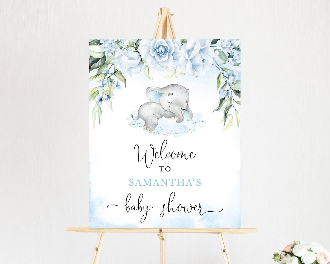Editable Blue Boy Elephant Baby Shower Welcome Signs, Blue Floral Elephant Welcome to Baby Shower Printable, Personalized Welcome Signs for Baby, Plastic Sign, Baby Shower Decoration for Boys