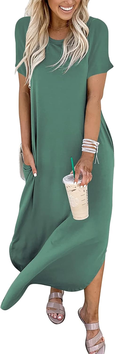 ANRABESS Womens Summer Maxi Dress Short Sleeve Casual Loose Long T Shirt Dresses Split Vacation Beach Sundress Travel Outfits