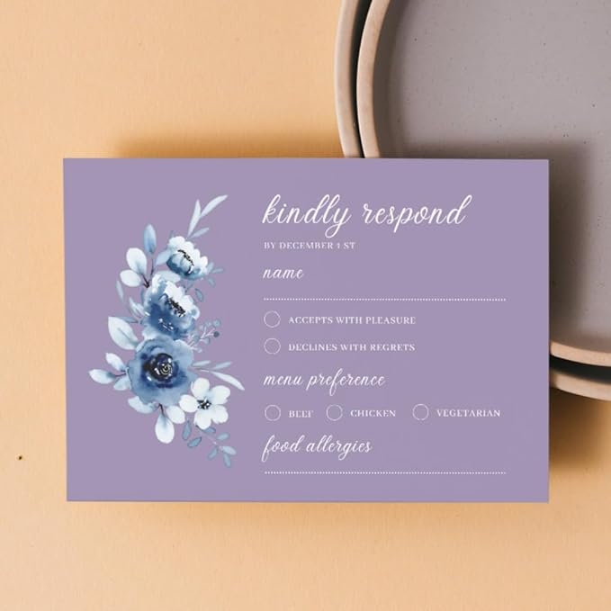 crafty-bell Glossy Finish Personalized Wedding RSVP Response Cards with White Envelopes, Blue Floral Design, 15 Count Respond Cards in Glossy Finish (Purple)